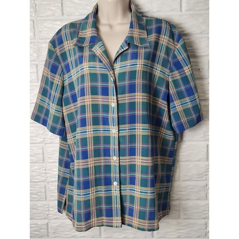 Vintage TanJay Plaid Button Up Top Short Sleeve Blouse Shirt Size 16